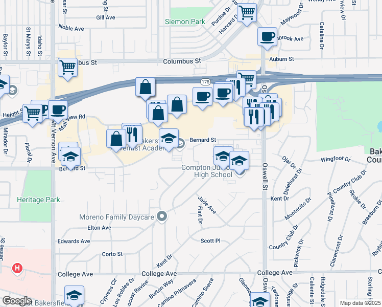 map of restaurants, bars, coffee shops, grocery stores, and more near 3754 Pico Avenue in Bakersfield