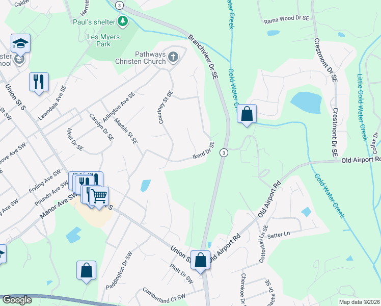 map of restaurants, bars, coffee shops, grocery stores, and more near 252 Ikerd Drive Southeast in Concord