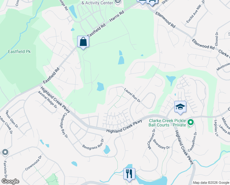 map of restaurants, bars, coffee shops, grocery stores, and more near 6014 Leawood Run Court in Charlotte
