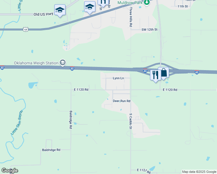 map of restaurants, bars, coffee shops, grocery stores, and more near 415 Treat Road in Muldrow