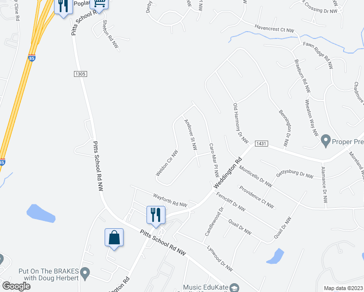 map of restaurants, bars, coffee shops, grocery stores, and more near 6600 Weldon Circle Northwest in Concord