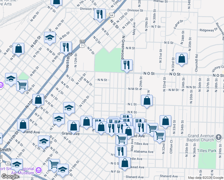 map of restaurants, bars, coffee shops, grocery stores, and more near 1444 North 21st Street in Fort Smith