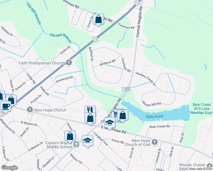 map of restaurants, bars, coffee shops, grocery stores, and more near 318 Bayleaf Drive in Goldsboro