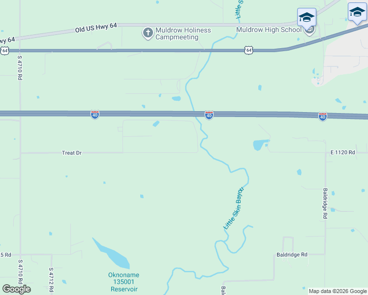 map of restaurants, bars, coffee shops, grocery stores, and more near 471786 Treat Road in Muldrow