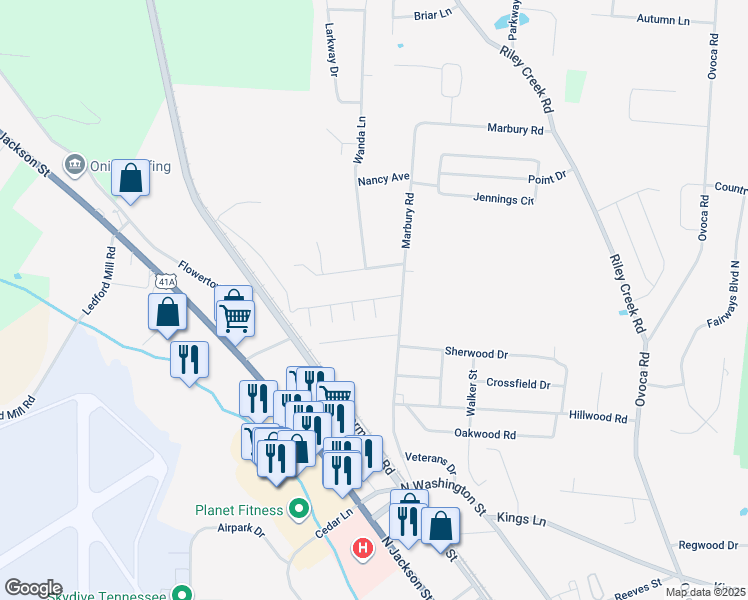 map of restaurants, bars, coffee shops, grocery stores, and more near Anniston Court in Tullahoma