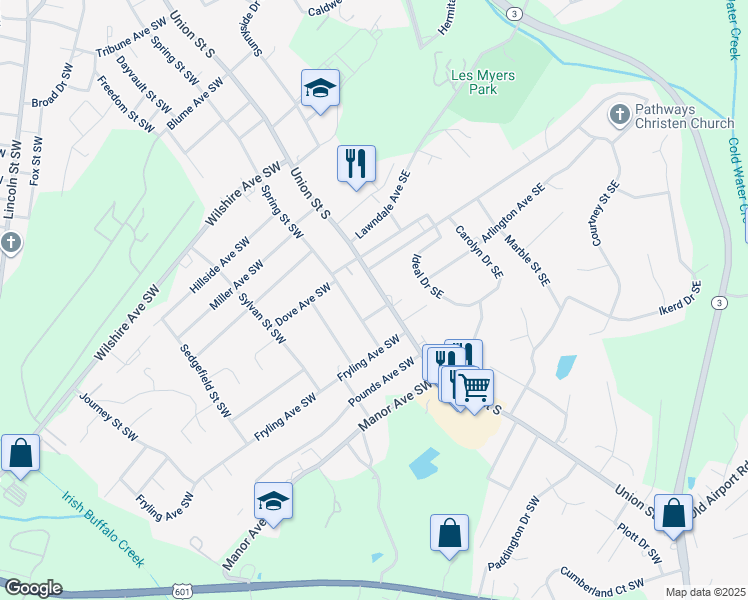 map of restaurants, bars, coffee shops, grocery stores, and more near 720 Union Street South in Concord