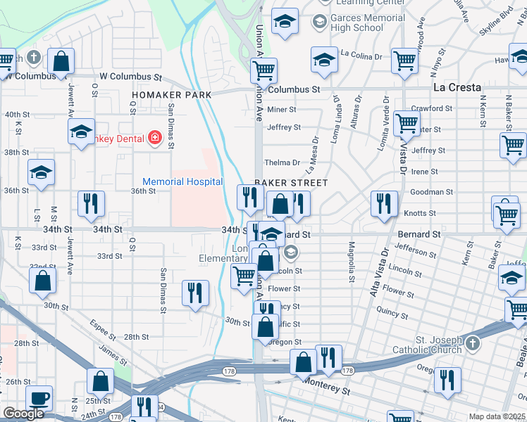 map of restaurants, bars, coffee shops, grocery stores, and more near 2 Irene Street in Bakersfield