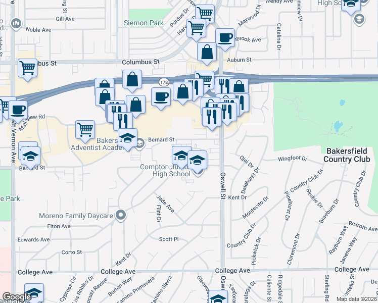 map of restaurants, bars, coffee shops, grocery stores, and more near 3501 Bernard Street in Bakersfield