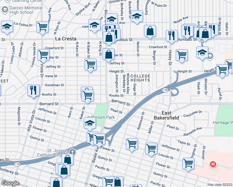 map of restaurants, bars, coffee shops, grocery stores, and more near 900 Bernard Street in Bakersfield