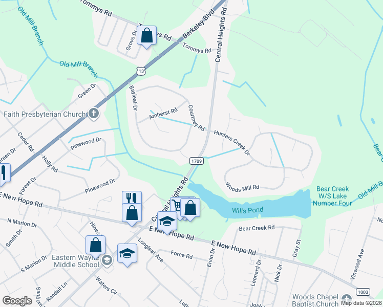 map of restaurants, bars, coffee shops, grocery stores, and more near 407 Bayleaf Place in Goldsboro