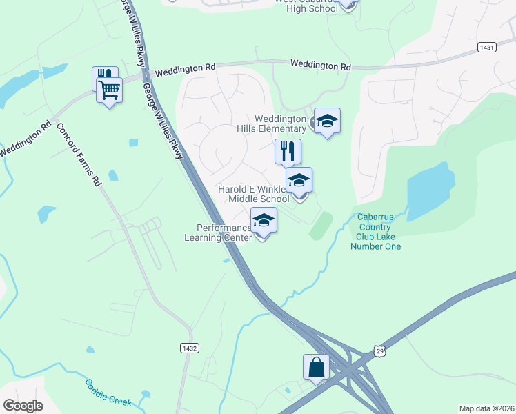 map of restaurants, bars, coffee shops, grocery stores, and more near 1405 Lockhart Place Northwest in Concord