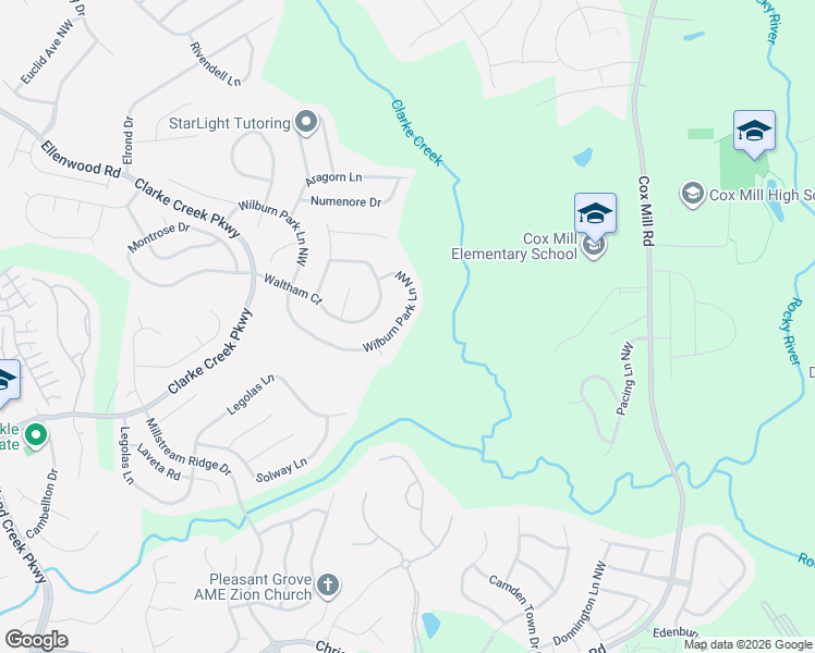 map of restaurants, bars, coffee shops, grocery stores, and more near 1910 Wilburn Park Lane Northwest in Charlotte