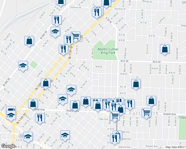 map of restaurants, bars, coffee shops, grocery stores, and more near 1809 North Short L Street in Fort Smith