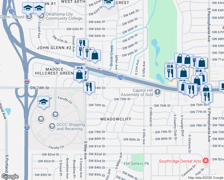 map of restaurants, bars, coffee shops, grocery stores, and more near 2720 Southwest 74th Street in Oklahoma City