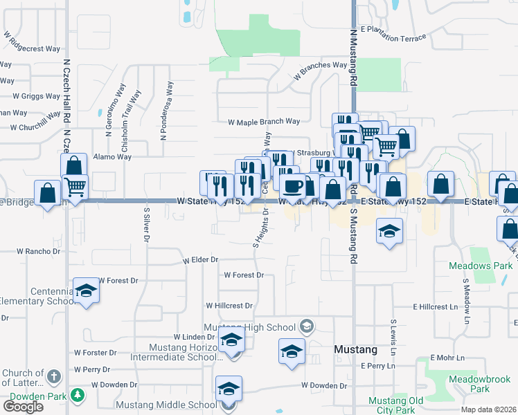 map of restaurants, bars, coffee shops, grocery stores, and more near 400 West State Highway 152 in Mustang