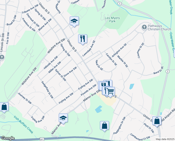 map of restaurants, bars, coffee shops, grocery stores, and more near 720 Union Street South in Concord