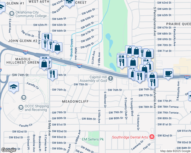 map of restaurants, bars, coffee shops, grocery stores, and more near 2600 Southwest 74th Street in Oklahoma City