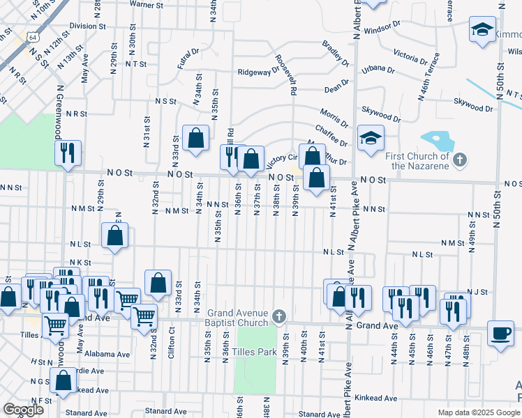 map of restaurants, bars, coffee shops, grocery stores, and more near 1445 North 38th Street in Fort Smith