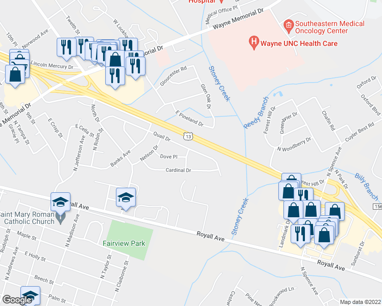 map of restaurants, bars, coffee shops, grocery stores, and more near 500 Quail Drive in Goldsboro