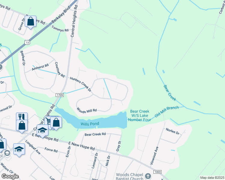 map of restaurants, bars, coffee shops, grocery stores, and more near 104 Emerald Place in Goldsboro