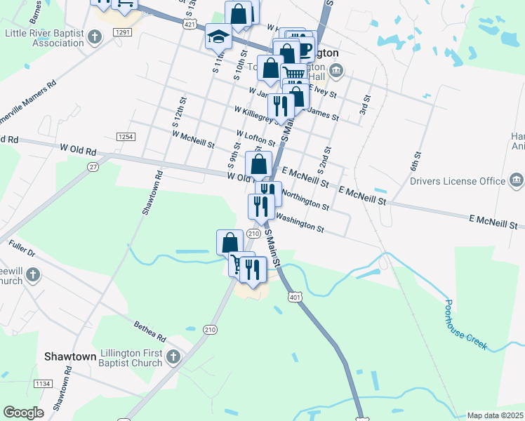 map of restaurants, bars, coffee shops, grocery stores, and more near US-401 & NC-210 in Lillington
