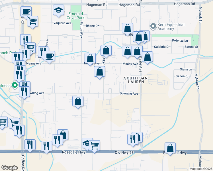 map of restaurants, bars, coffee shops, grocery stores, and more near 3454 Alken Street in Bakersfield