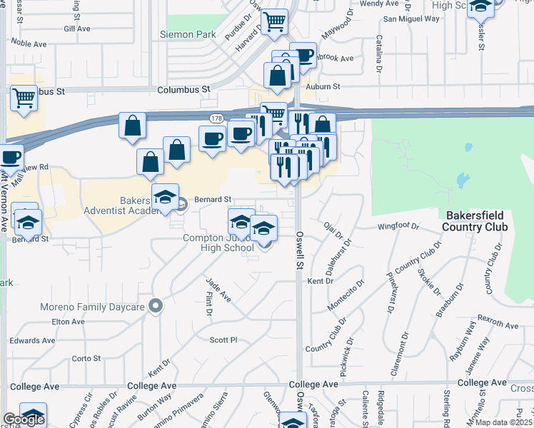 map of restaurants, bars, coffee shops, grocery stores, and more near 4720 Pico Avenue in Bakersfield