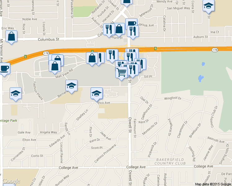 map of restaurants, bars, coffee shops, grocery stores, and more near 4720 Pico Avenue in Bakersfield