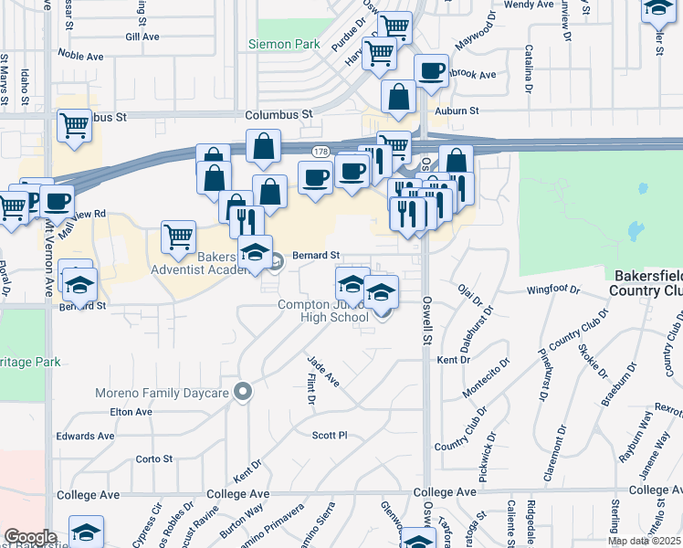 map of restaurants, bars, coffee shops, grocery stores, and more near 4608 Pico Avenue in Bakersfield
