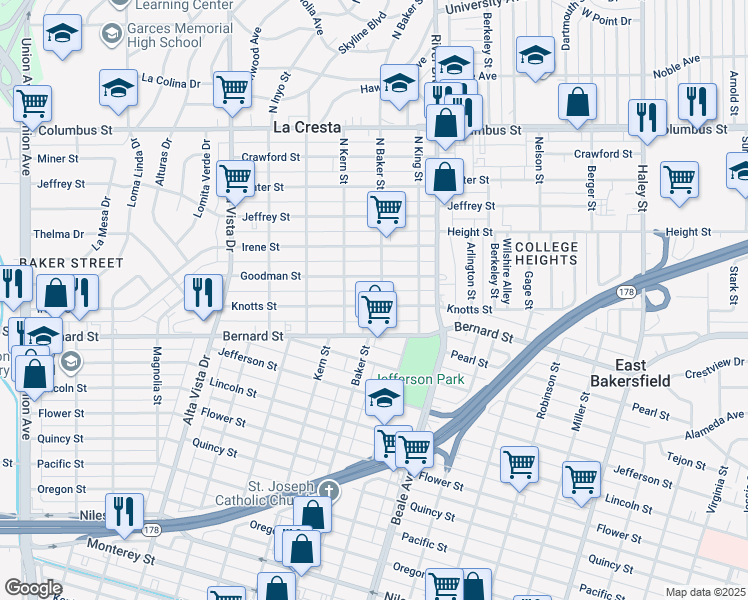 map of restaurants, bars, coffee shops, grocery stores, and more near 701 Knotts Street in Bakersfield