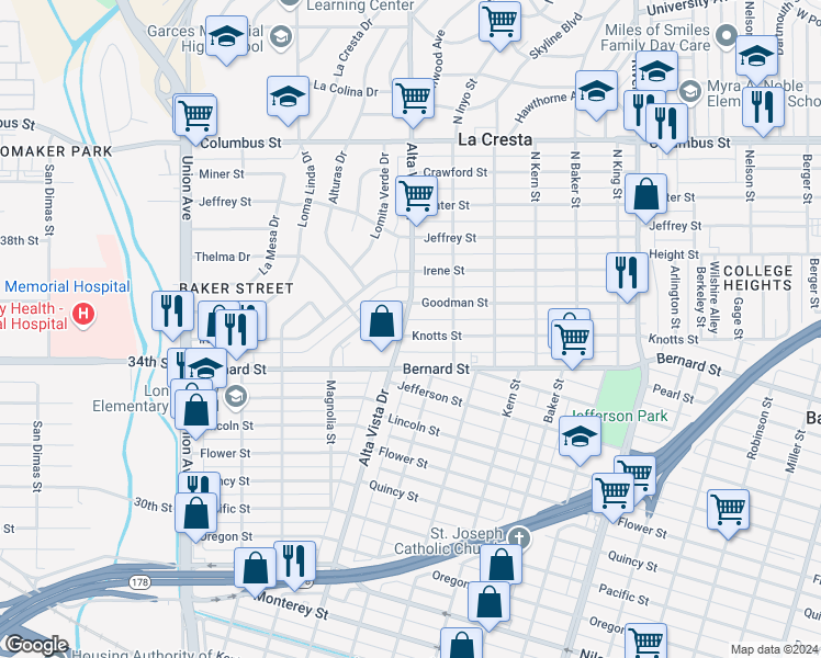 map of restaurants, bars, coffee shops, grocery stores, and more near 311 Knotts Street in Bakersfield
