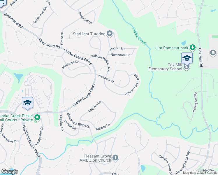 map of restaurants, bars, coffee shops, grocery stores, and more near 1750 Wilburn Park Lane Northwest in Charlotte