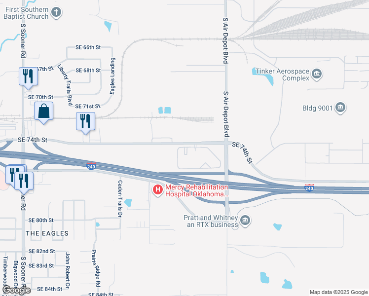 map of restaurants, bars, coffee shops, grocery stores, and more near 6600 Southeast 74th Street in Oklahoma City