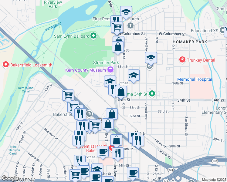 map of restaurants, bars, coffee shops, grocery stores, and more near 3501 Chester Avenue in Bakersfield