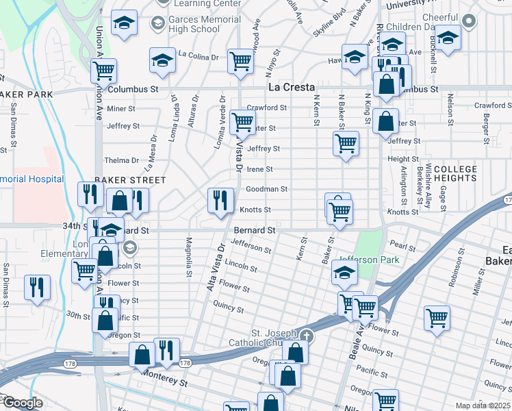 map of restaurants, bars, coffee shops, grocery stores, and more near 322 Knotts Street in Bakersfield