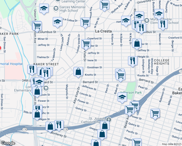 map of restaurants, bars, coffee shops, grocery stores, and more near 322 Knotts Street in Bakersfield