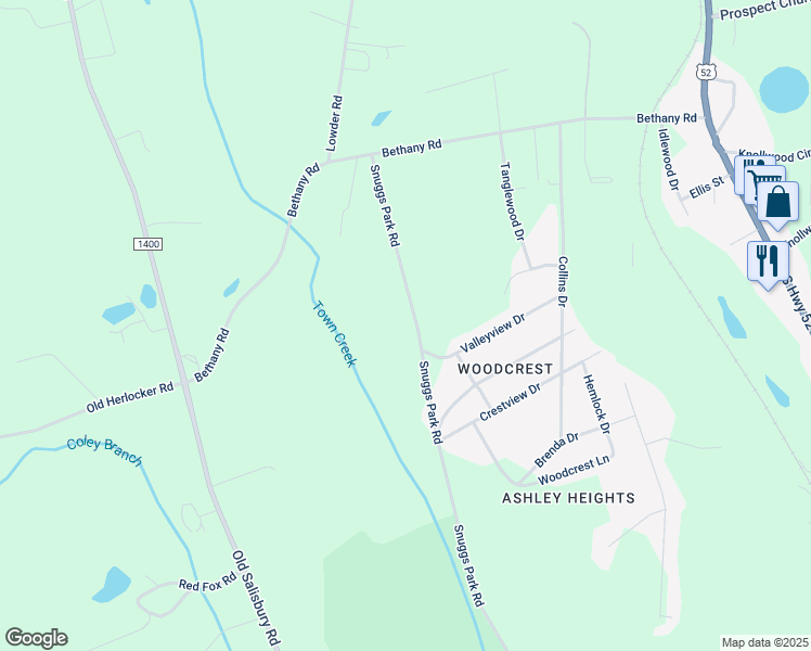 map of restaurants, bars, coffee shops, grocery stores, and more near 2207 Snuggs Park Road in Albemarle