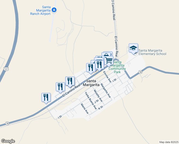 map of restaurants, bars, coffee shops, grocery stores, and more near 22412 El Camino Real in Santa Margarita