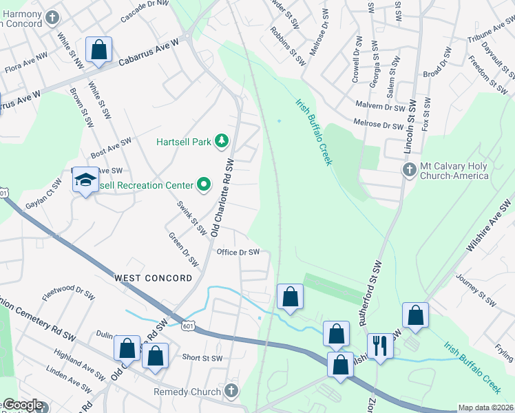 map of restaurants, bars, coffee shops, grocery stores, and more near 40 Lee Court Southwest in Concord