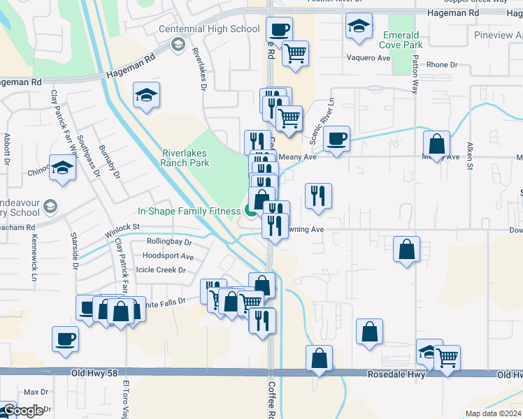 map of restaurants, bars, coffee shops, grocery stores, and more near 3505 Coffee Road in Bakersfield