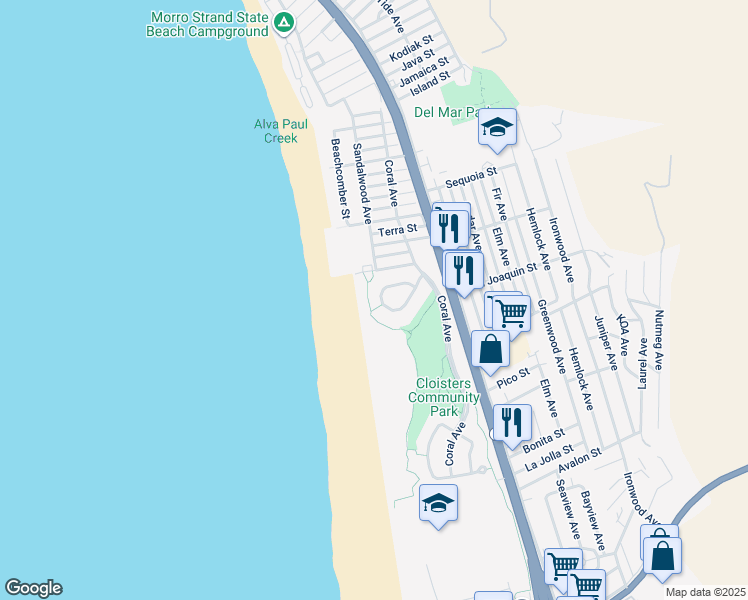 map of restaurants, bars, coffee shops, grocery stores, and more near 2770 Indigo Circle in Morro Bay