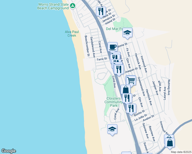 map of restaurants, bars, coffee shops, grocery stores, and more near 2770 Indigo Circle in Morro Bay