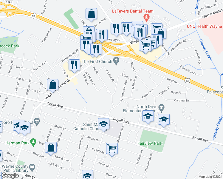 map of restaurants, bars, coffee shops, grocery stores, and more near 1405 9th Street in Goldsboro