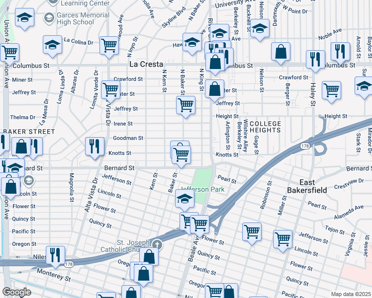 map of restaurants, bars, coffee shops, grocery stores, and more near 700 Knotts Street in Bakersfield