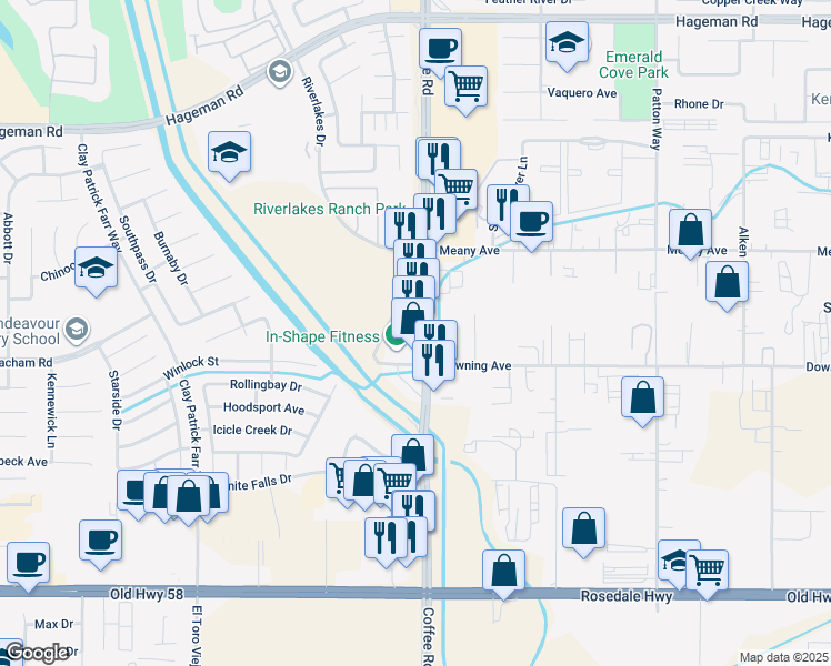 map of restaurants, bars, coffee shops, grocery stores, and more near 3505 Coffee Road in Bakersfield