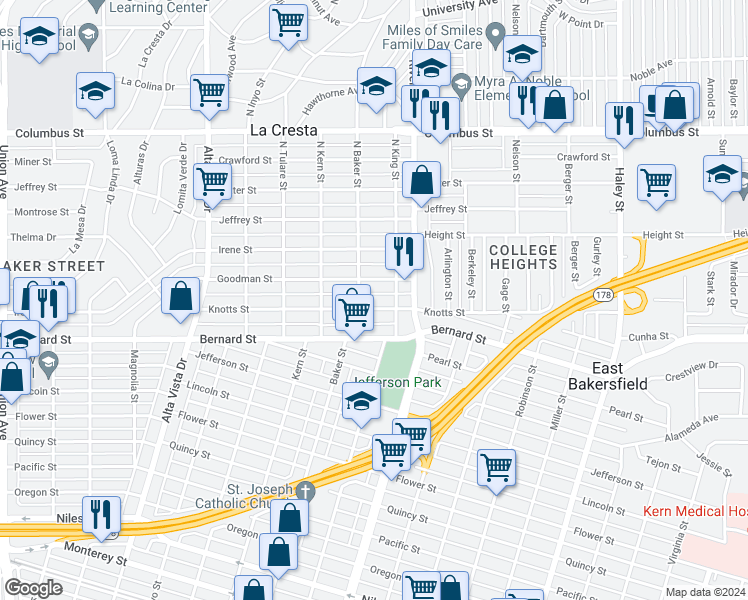 map of restaurants, bars, coffee shops, grocery stores, and more near 701 Knotts Street in Bakersfield