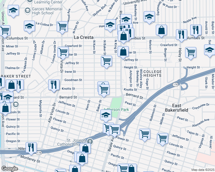 map of restaurants, bars, coffee shops, grocery stores, and more near 701 Knotts Street in Bakersfield