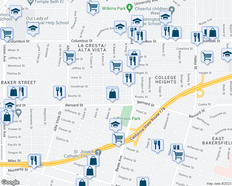 map of restaurants, bars, coffee shops, grocery stores, and more near 701 Knotts Street in Bakersfield