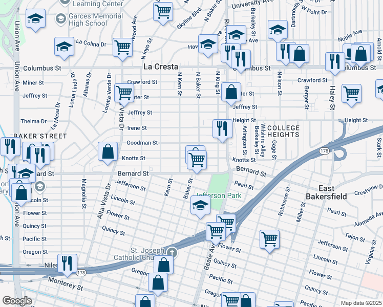 map of restaurants, bars, coffee shops, grocery stores, and more near 701 Knotts Street in Bakersfield