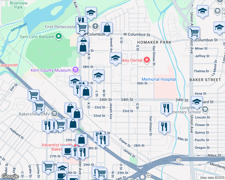 map of restaurants, bars, coffee shops, grocery stores, and more near 3409 Jewett Avenue in Bakersfield